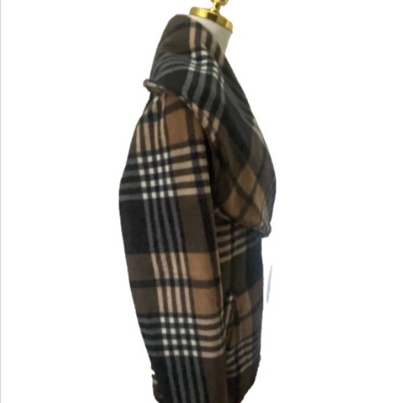Ellen Reyes Woman Wrap Style Coat Black Tan Cream Plaid Collared Fleece L - Picture 3 of 16